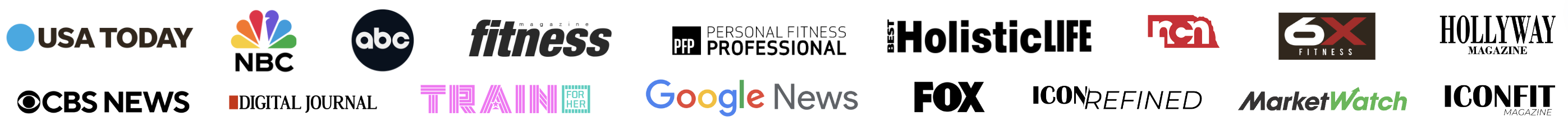 USA Today, Train for Her magazine, FOX, Fitness Magazine, Personal Fitness Professional Magazine, Iconfit Magazine, Icon Refined, Hollyway Magazine, Best Holistic Life Magazine, NCN, 6X Fitness, Digital Journal, Market Watch, NBC, CBS, ABC