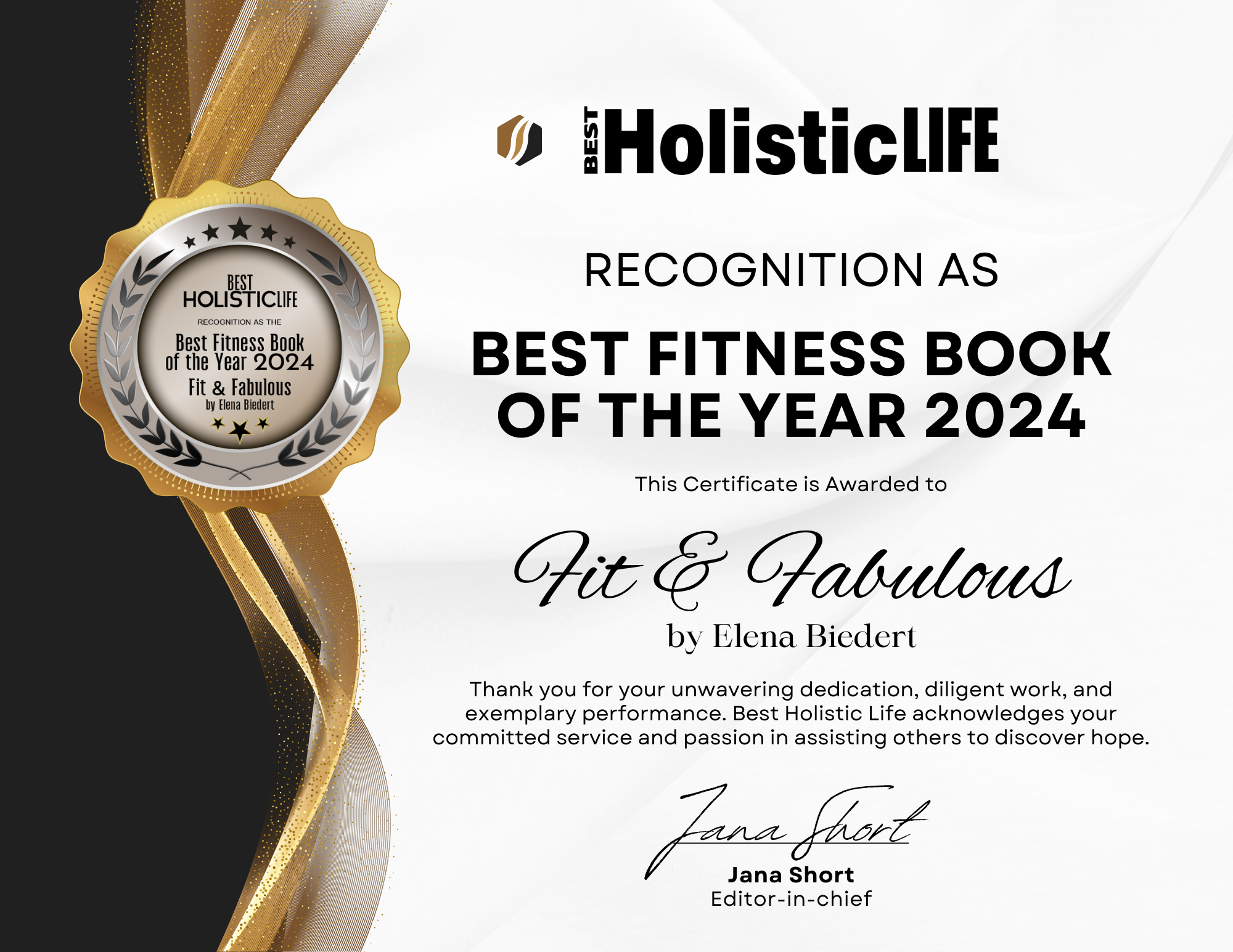 Certificate Best Fitness Book of The Year 2024 - Fit & Fabulous by Elena Biedert